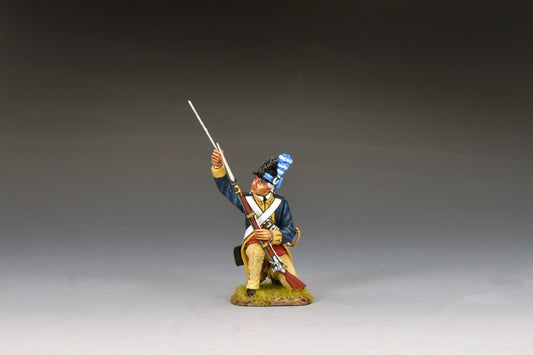 Kneeling Washington’s Guard soldier using a ramrod to reload his musket, wearing blue coat and tricorn with plume.