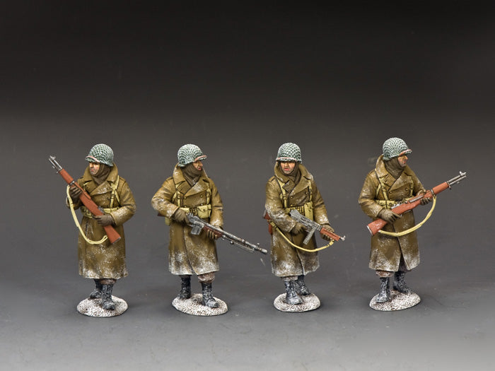 Four U.S. winter infantry toy soldiers on patrol with Garand, BAR, and Thompson. 1/30 scale matte set. Battle of the Bulge.