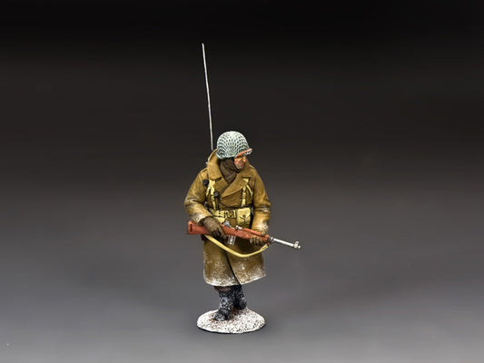 WWII U.S. radioman in winter gear carrying SCR-300 radio and M1 Carbine. Ideal for Battle of the Bulge dioramas. 1/30 matte scale.
