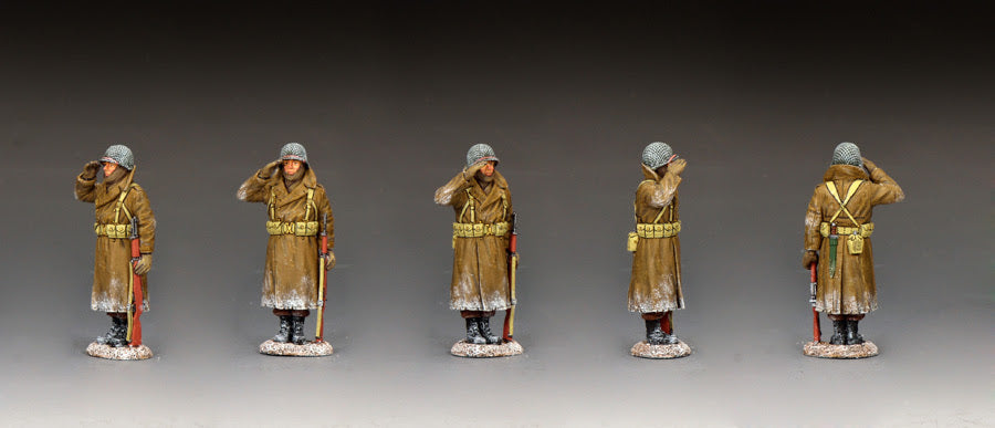 Panoramic vieew of 1/30 scale matte Saluting GI toy soldier in winter coat holding an M1 rifle with snow effects.