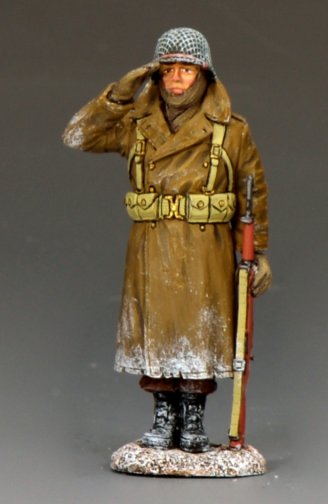 1/30 scale matte Saluting GI toy soldier in winter coat holding an M1 rifle with snow effects.