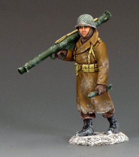 1/30 scale WWII U.S. Army winter GI carrying a Bazooka over his shoulder with a rocket in hand, matte finish toy soldier by King & Country.