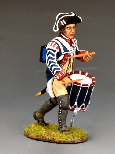 British 4th Regiment of Foot drummer toy soldier in blue coat with red facings, 1/30 scale matte finish, American Revolutionary War