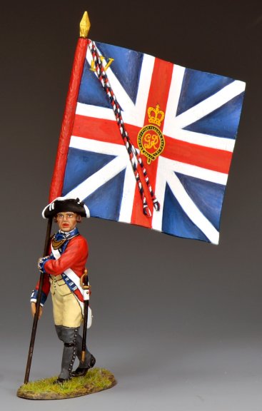 British redcoat officer holding the King’s Colour (Union Jack) with “IV” in canton and George III monogram, 1/30 matte BR104.