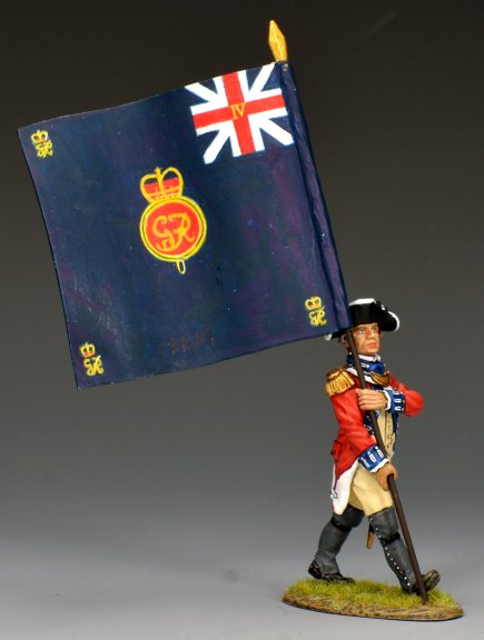Front view: British 4th Foot officer marching with Regimental (Second) Colour, dark blue field and royal cypher