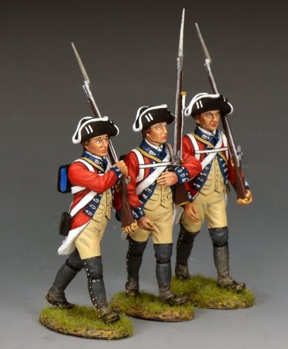 Marching Redcoats BR107: three British 4th Regiment of Foot soldiers advancing with Brown Bess muskets, 1/30 scale matte figures