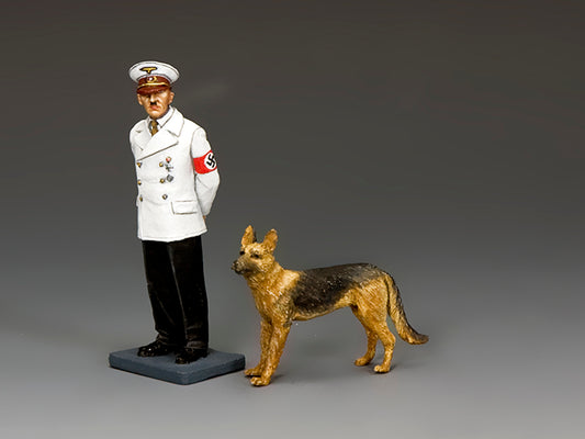 Toy Soldier Figurine of a man in uniform with a dog on a gray background