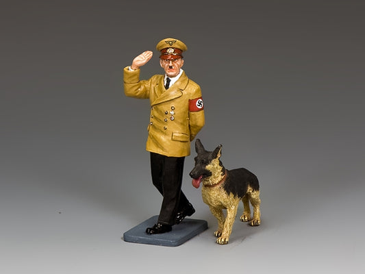 Model figure of a military officer with a dog on a gray background