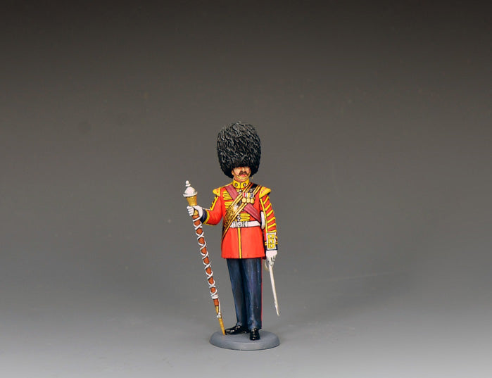 King & Country Scots Guards Drum Major — 1/30 scale matte-painted figure in ceremonial scarlet with gold lace, red sash, and bearskin cap, holding mace. Catalog CE122.