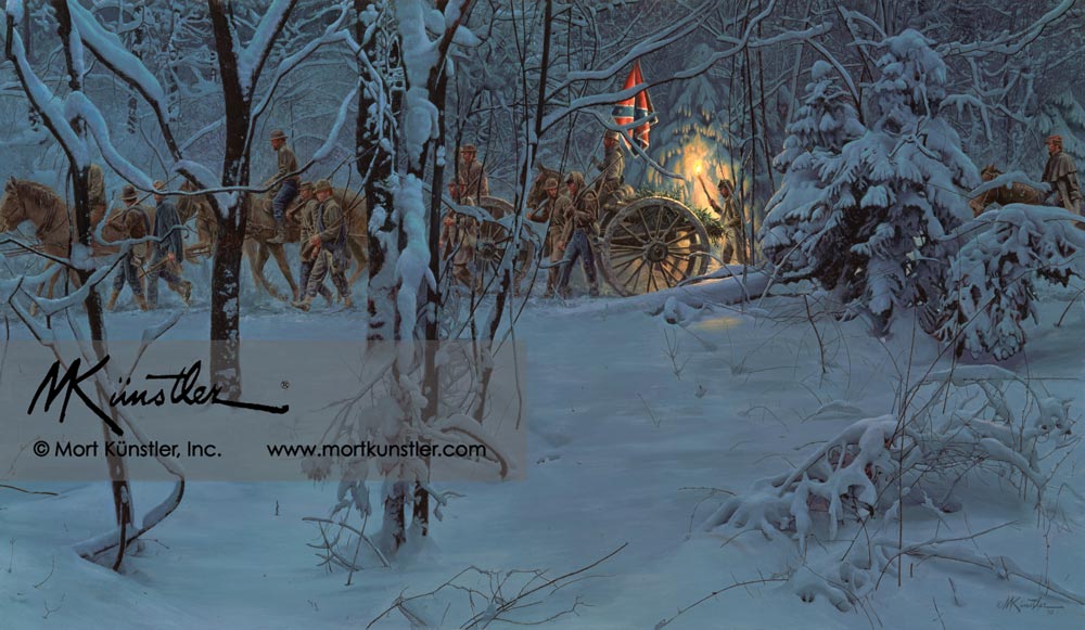 Mort Künstler wall art print Confederate Christmas. Soldiers in snowy forest.