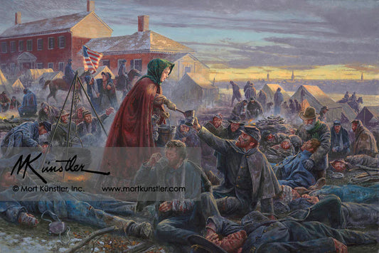 Mort Künstler wall art print Angel of the Battlefield. A lady helping injured soldiers.