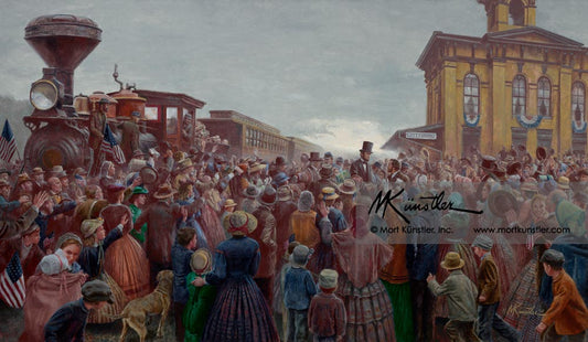 Mort Künstler wall art print Mr. Lincoln Comes to Gettysburg. They are at the train station.