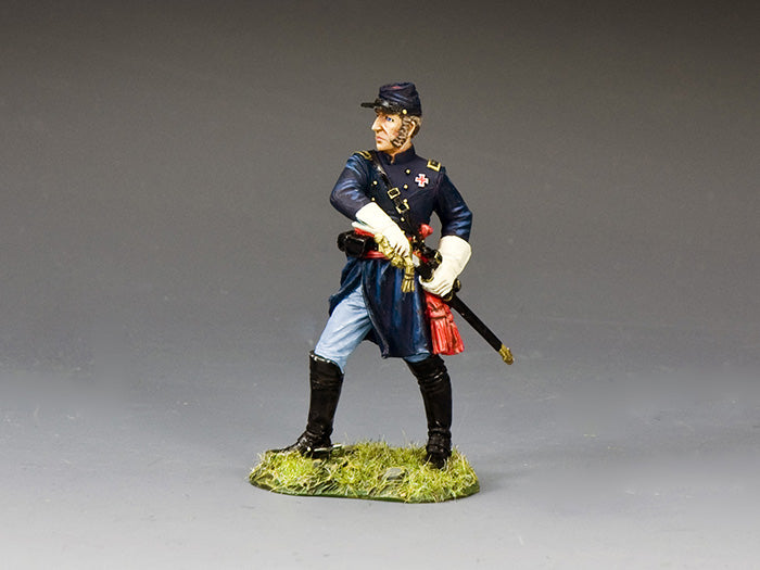 Toy soldier of Brig. Gen. Strong Vincent in full uniform, inspired by Gettysburg monument, sword drawn on grassy base.