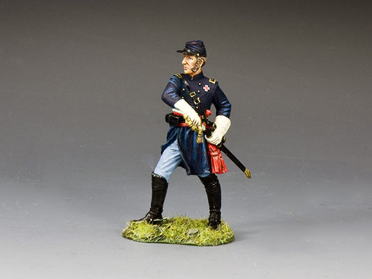 Toy soldier of Brig. Gen. Strong Vincent in full uniform, inspired by Gettysburg monument, sword drawn on grassy base.