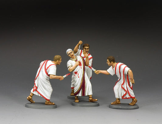Toy soldier set depicting the assassination of Julius Caesar by Roman senators Brutus, Cassius, and Decimus, in 1/30 scale matte finish.
