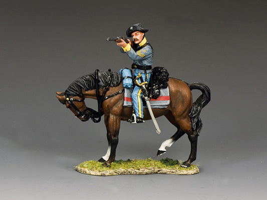 Toy soldier of a Confederate cavalry sergeant on horseback firing a Sharps carbine, dressed in gray uniform with yellow trim.