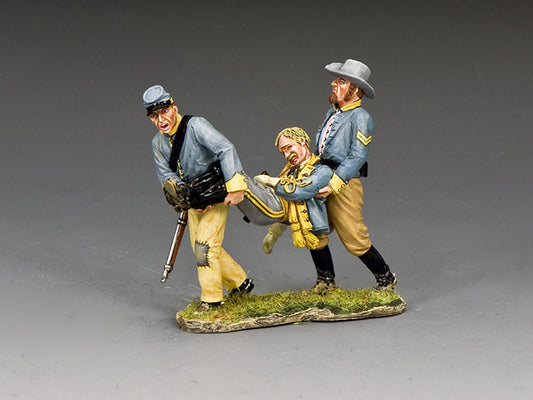 Toy soldier set of two Confederate soldiers carrying a wounded officer off the battlefield, all in gray and yellow-trimmed uniforms.