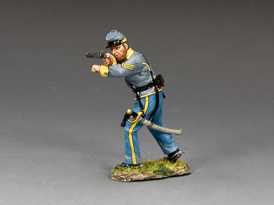 Confederate cavalry sergeant toy soldier aiming pistol, in gray uniform with yellow trim and sword by his side.