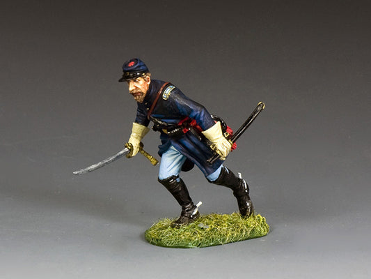 Union Infantry lieutenant charging forward with sword drawn, dressed in blue frock coat and kepi, leading troops into battle.