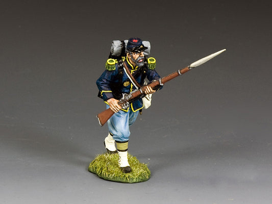 Union infantryman charges with bayonet fixed, uniformed in blue with full gear and vivid detailing, mid-battle assault pose.