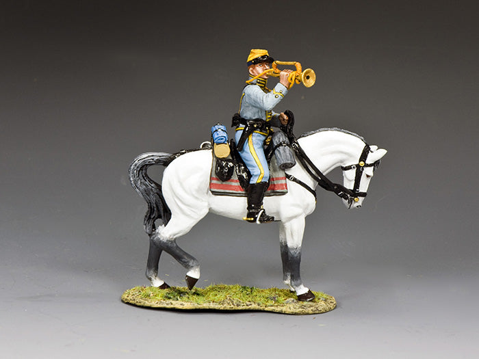 Toy soldier figurine of a Confederate cavalry trumpeter from the 29th Texas, riding a white horse and sounding a bugle.