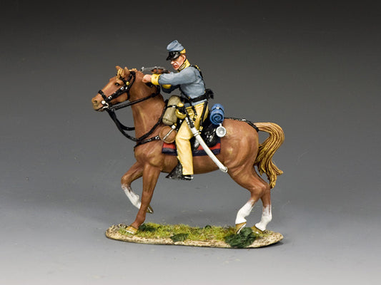 Toy soldier of a Confederate cavalry trooper on horseback aiming a carbine, resting the barrel on his left arm.
