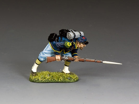 Union infantryman crouching with rifle and bayonet at the ready, cautiously advancing in full marching gear.