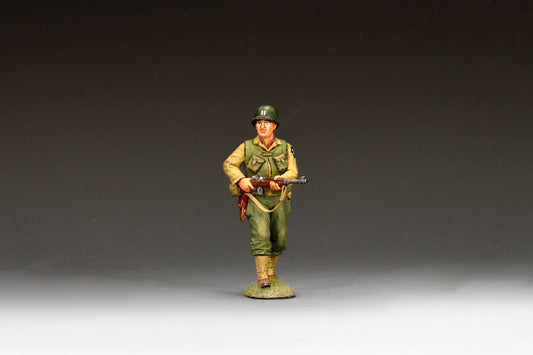 King & Country DD399 figure of a young U.S. Army lieutenant walking with an M1 Carbine, officer's bar on his helmet and the 2nd Infantry Division patch on his shoulder.