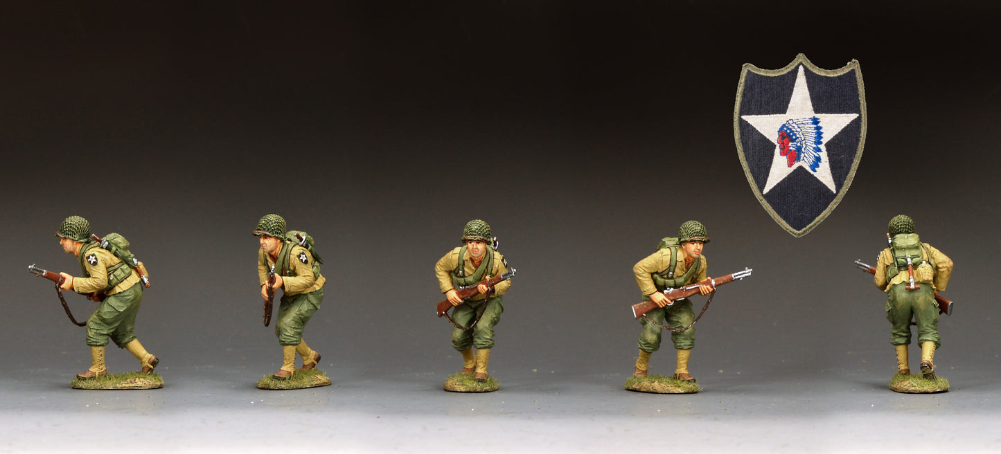 Five painted military miniature figures in olive green uniforms posed in a row on a dark gradient background, with a shield emblem featuring a white star and red/blue details above them.