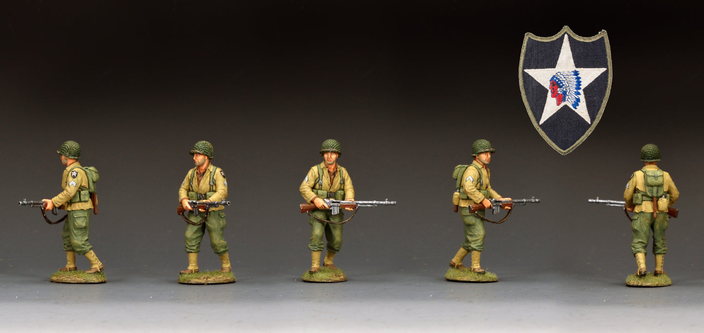 Five painted military miniature soldier figures in olive green uniforms and helmets, arranged in a row on a dark studio background, with a black-and-white star shield emblem hanging above them.