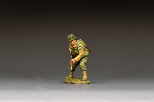 King & Country DD403 figure of a U.S. Army sniper of the 2nd Infantry Division crouching forward with a scoped M1903A4 Springfield rifle, net-covered helmet and Indian Head patch.