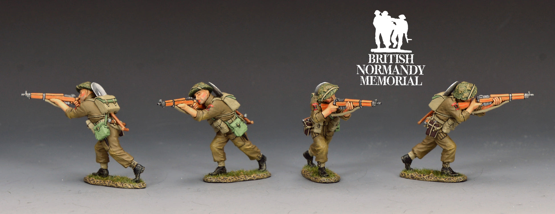 King & Country Gold Beach Running, Firing Rifleman, Green Howards infantryman firing No. 4 Mk. 1 Lee-Enfield on the move, MkII helmet with scrim, D-Day Normandy 1944, 1/30 60mm matte figure, DD414 military miniature
