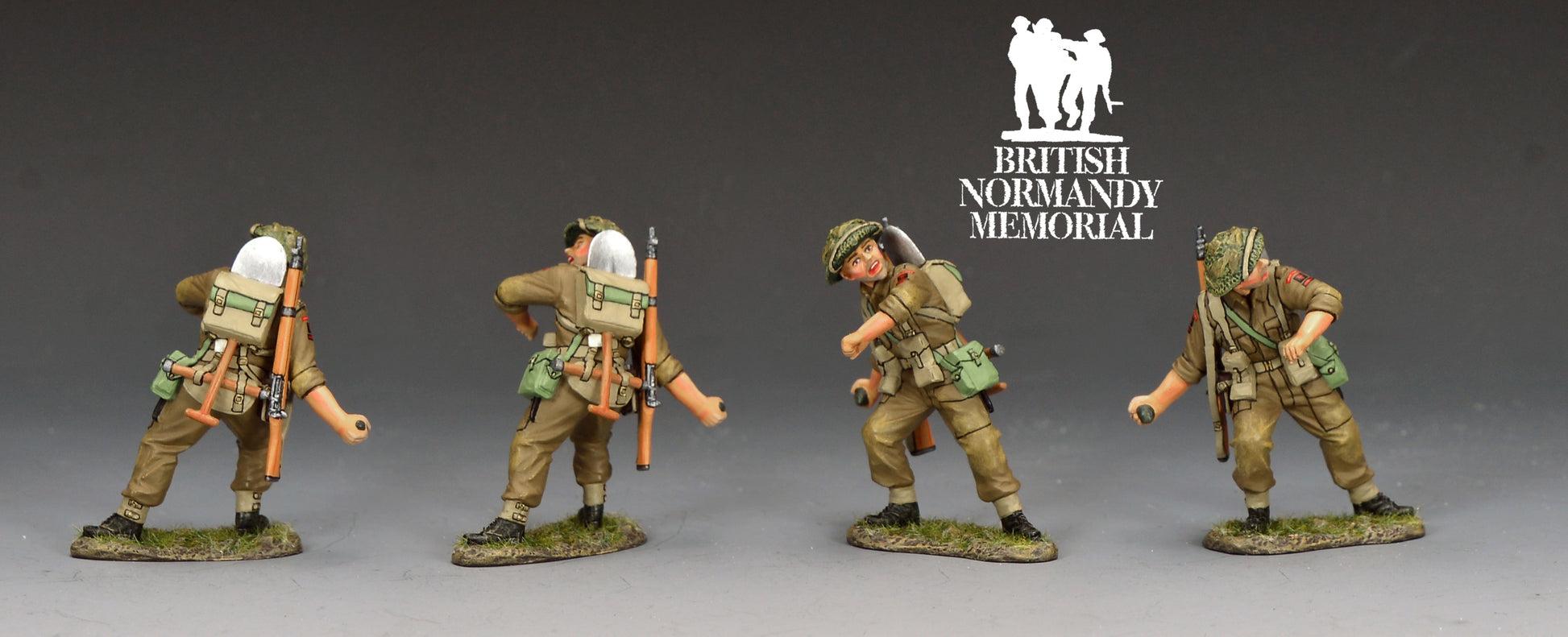 King & Country Gold Beach Grenadier, Green Howards infantryman throwing a Mills bomb, MkII helmet with scrim and 1937-pattern webbing, D-Day Normandy 1944, 1/30 60mm matte figure, DD415 military miniature