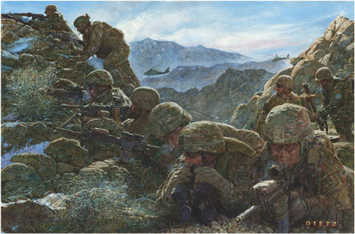 James Dietz wall art print showing U.S. troops on a mountain range in Afganistan. 