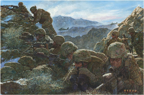 James Dietz wall art print depicting U.S. Rangers engaged in a fire fight in the mountains.