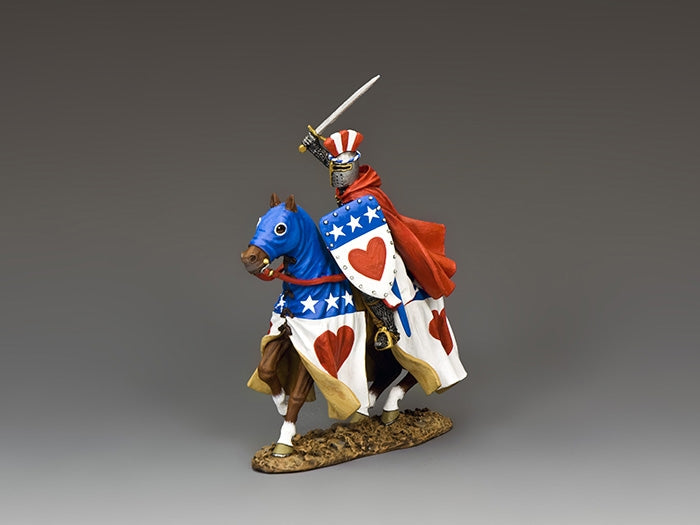 Sir Archibald Douglas. Mounted knight figurine in red, white, and blue Douglas livery with sword raised and shield bearing crimson heart.