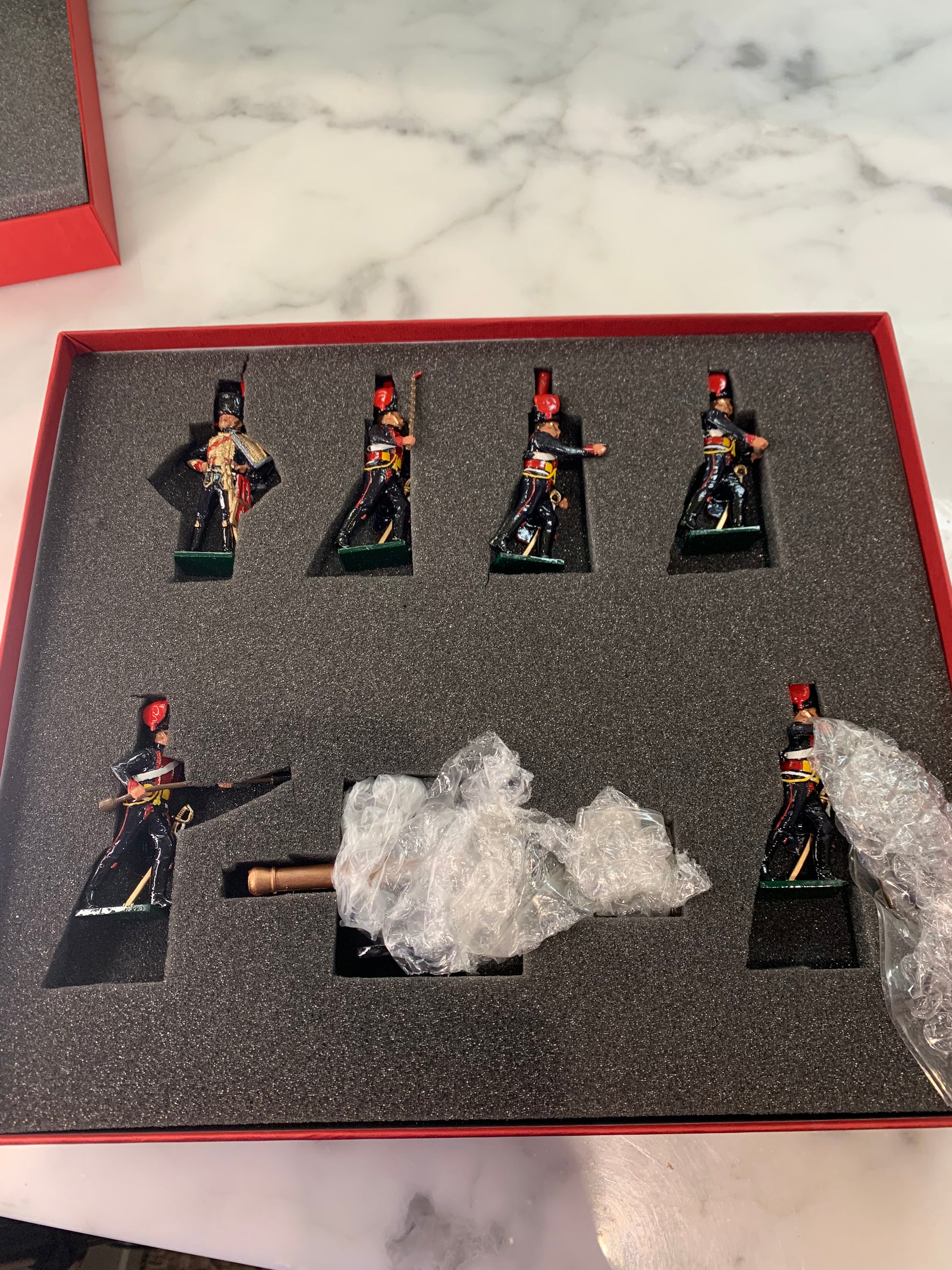 Toy soldier set French Horse Artillery packaged in classical traditional red box.