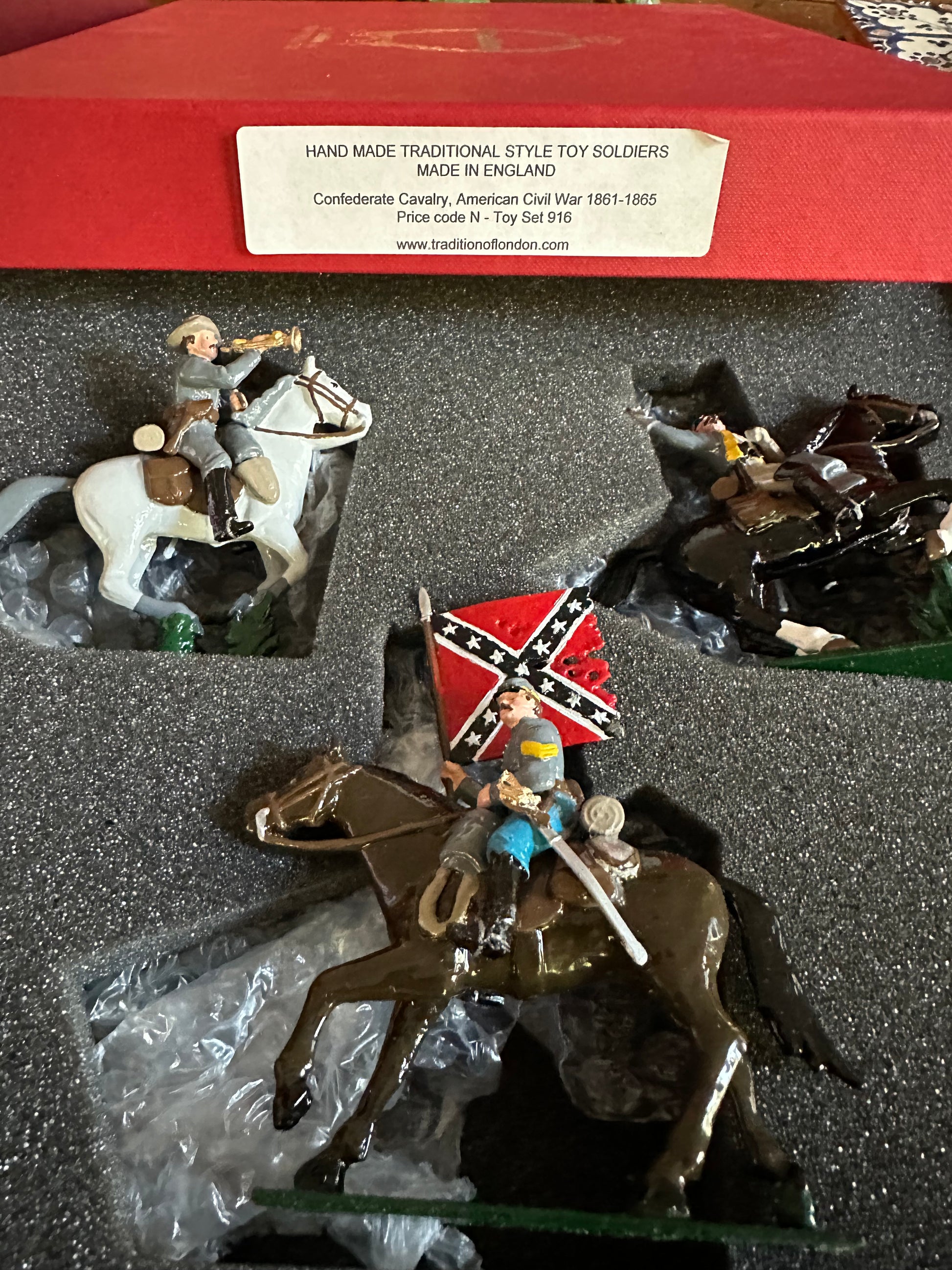 Toy soldier set Confederate calvary packed in classical tradition red box.