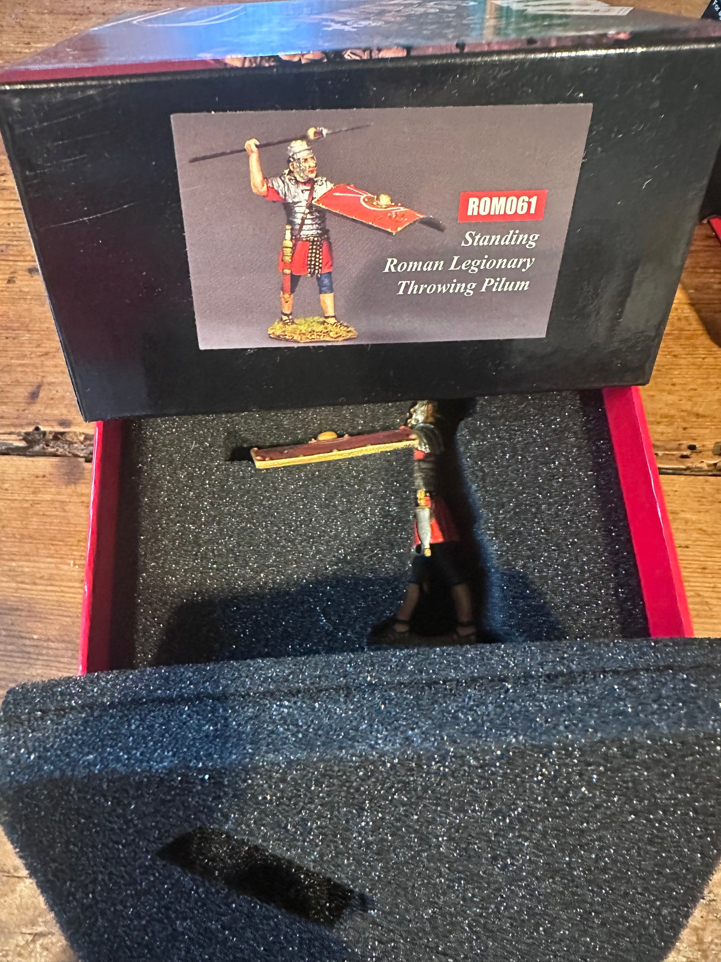 Standing Roman Legion Throwing Pilum packaged in a classic red collectors box.