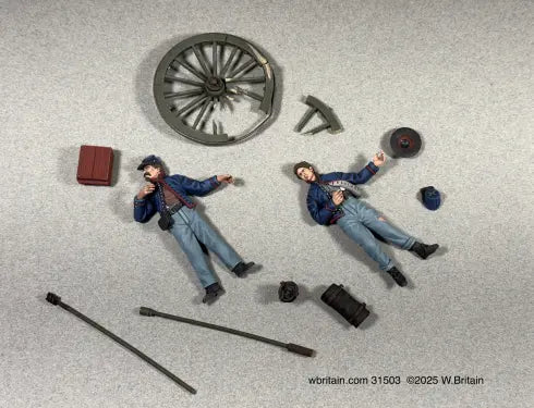 W.Britain 31503 Union artillery casualties set parts—two figures, broken wheel and equipment accessories, 1/30 matte