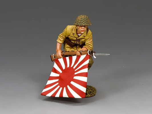Model figure of a soldier with a red and white shield on a gray background