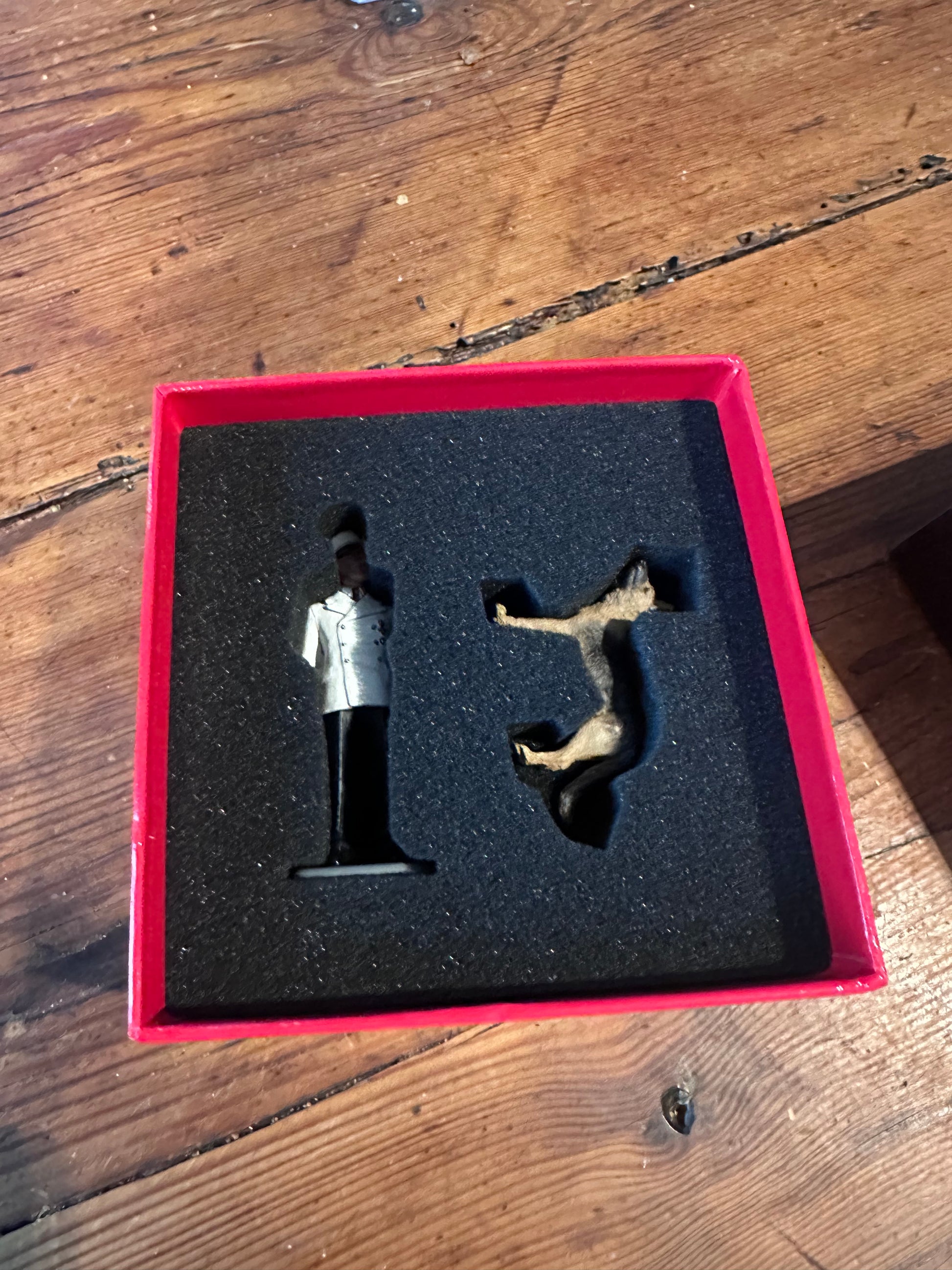 toy soldier figurines Hitler & Blondi  in a red box on a wooden surface
