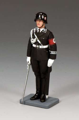 Figurine of a person in a historical uniform with a helmet and standing on a gray base.