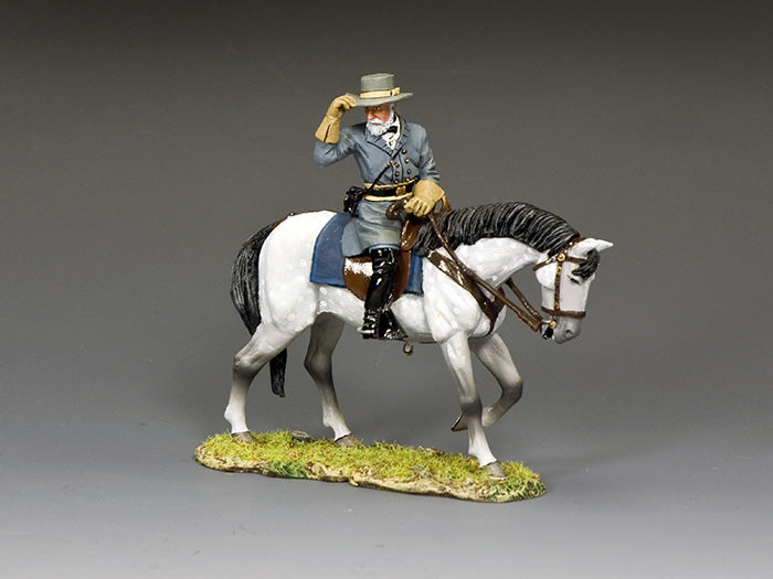 Toy soldier figurine of Confederate General Robert E. Lee tipping his hat while mounted on his horse Traveller, on a grassy base.