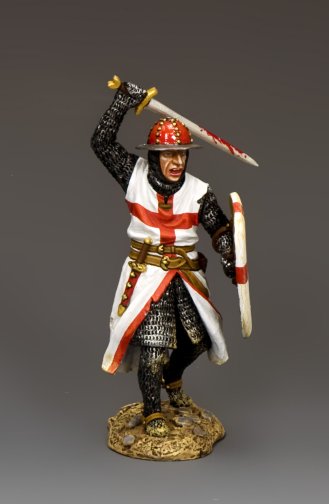 Crusader Sergeant at Arms. Military miniature of a warrior in armor with a sword and shield on a gray background