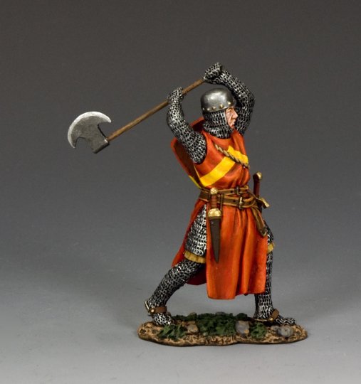 The Axeman Cometh. Hand-painted 1/30 scale Crusader Knight toy soldier with two-handed battle axe, red surcoat, and shield in combat stance.