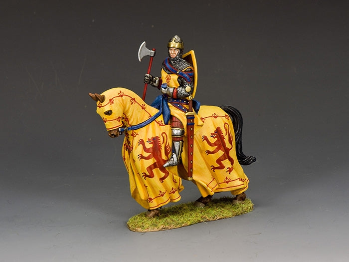 Mounted figure of Robert the Bruce in full armor with axe and shield, horse draped in heraldic lion cloth, inspired by Bannockburn statue.