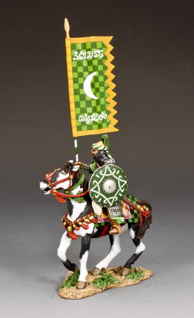 Military miniature Figurine Saladin's Personal Standard Bearer with a green and yellow banner on a gray background