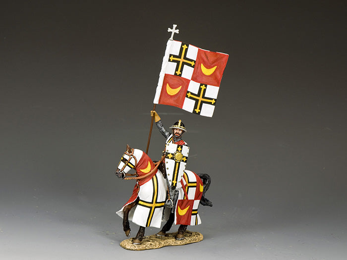 Mounted Teutonic knight bearing bold heraldic banner—white, black, red, and gold—symbolizing strength and crusading zeal.