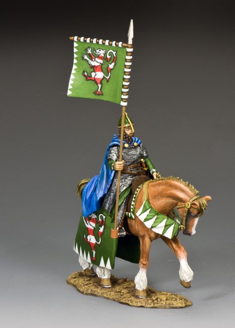 The Green Knight. Model figure of a mounted warrior with a flag on a gray background